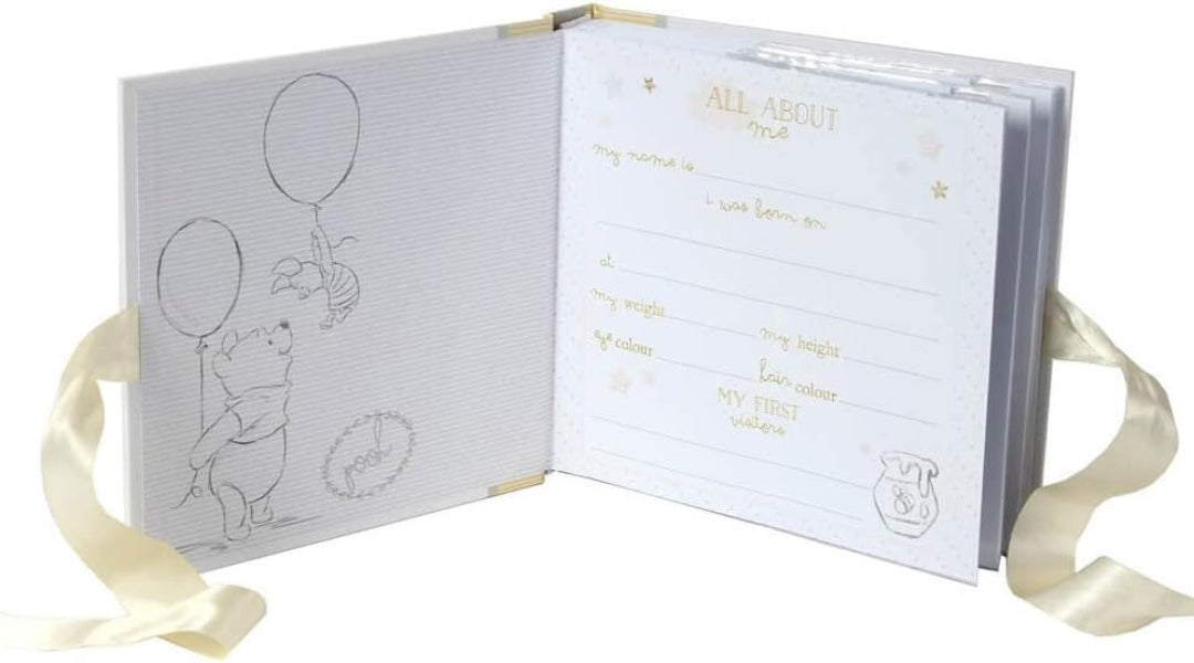 Open book with illustrations and text, featuring a bear and balloons, on a white background.