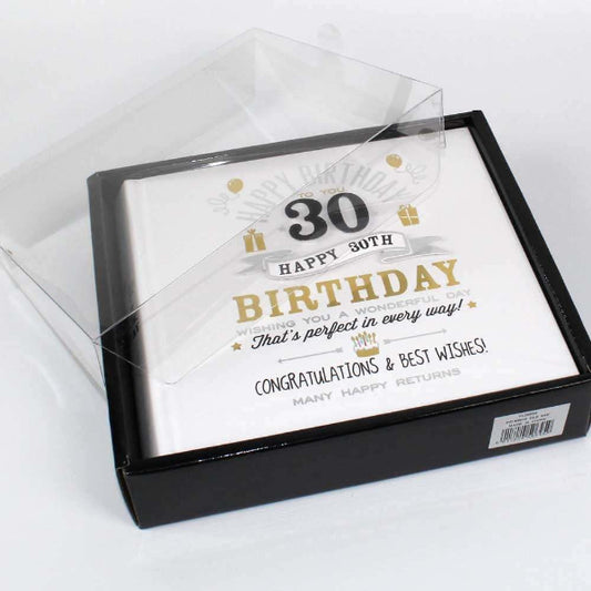 Happy 30th birthday card in a clear plastic sleeve on a white background