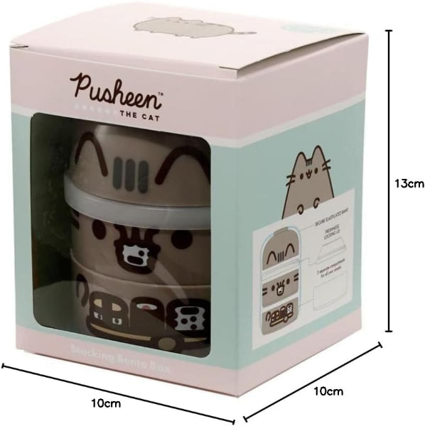 Pusheen-themed product packaging with a container and measurements indicated.