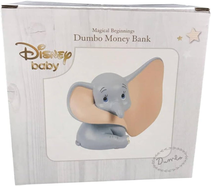Disney Baby Dumbo money bank packaging with Dumbo illustration on a white background