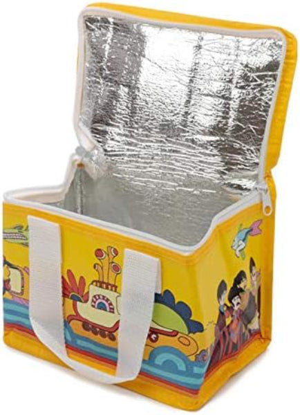 Colorful insulated lunch bag with cartoon designs on a white background