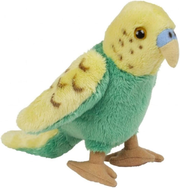 A plush toy bird resembling a small parrot or budgerigar, with a yellow head and wings, a green body, brown spotted wing patterns, a light blue beak area, and tan feet and beak.