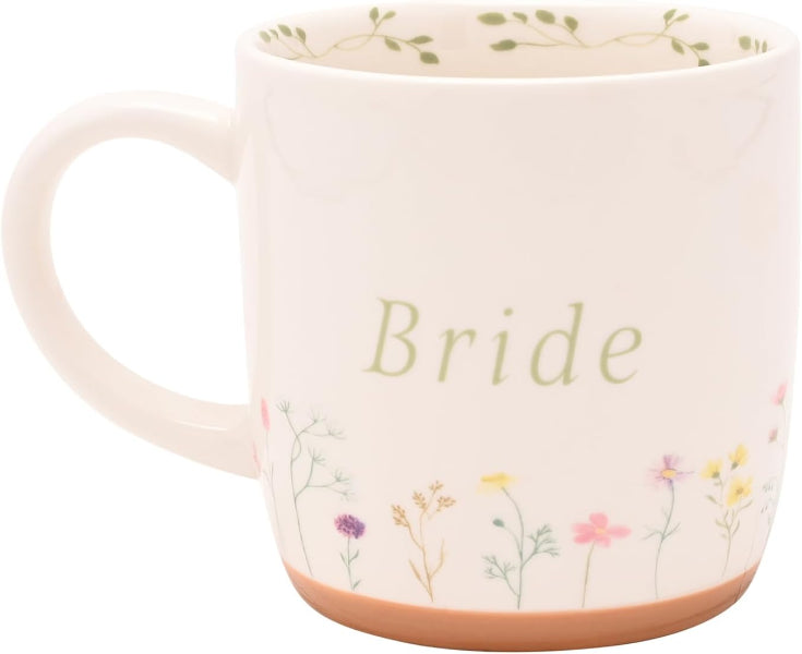 Mug with 'Bride' text and floral design on a white background