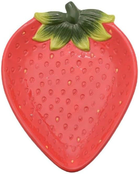 Strawberry-shaped object with green leaves on a white background