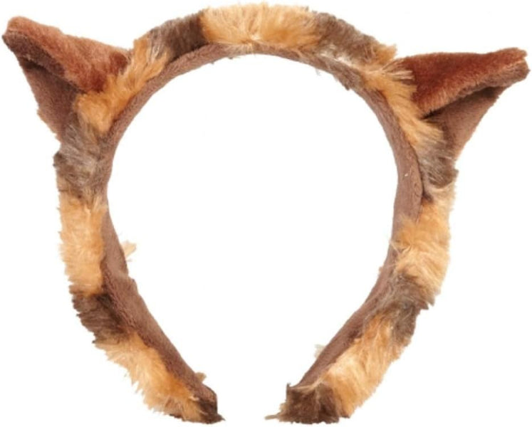 Brown and beige faux fur headband with animal-like design on a white background