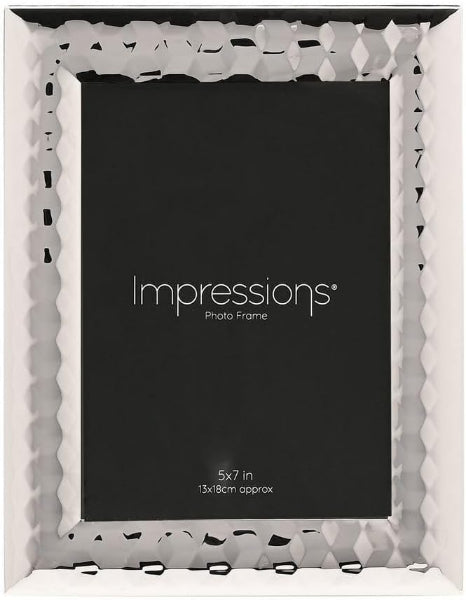 Silver photo frame with 'Impressions' branding on a white background