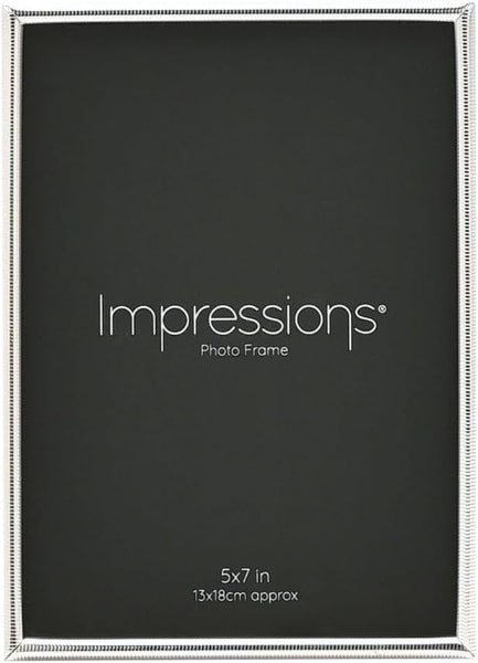 A black Impressions photo frame with a silver beaded border, shown with white text indicating 'Impressions Photo Frame' and '5x7 in 13x18cm approx'.