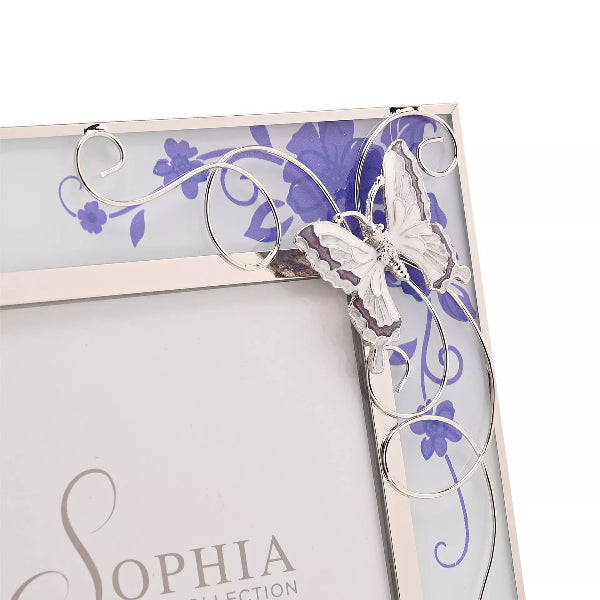 Decorative photo frame with butterfly design and floral patterns on a white background