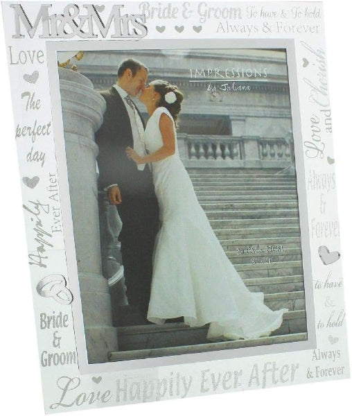 Wedding photo frame with 'Mr & Mrs' and 'Bride & Groom' text, featuring a couple on a staircase.