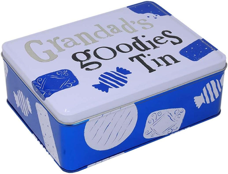 Blue and white tin box with 'Grandad's Goodies Tin' text and fish illustrations.