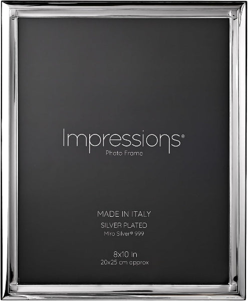Silver photo frame with 'Impressions' branding on a black background