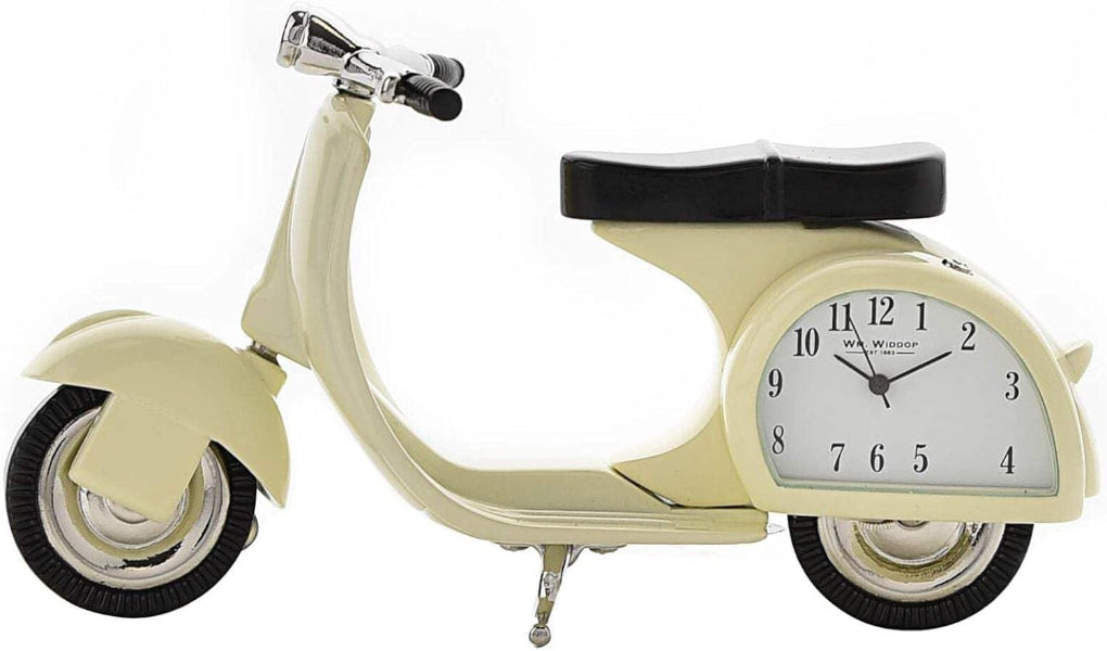 Cream-colored scooter-shaped clock on a white background