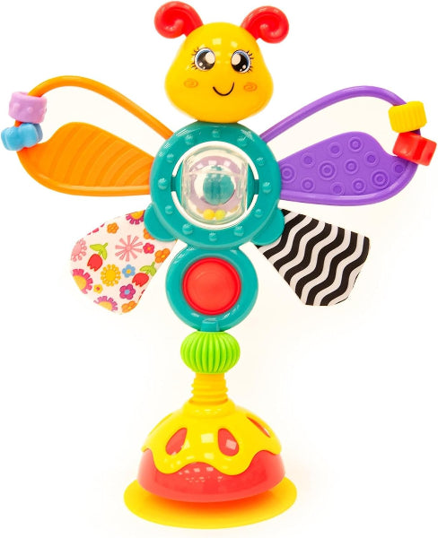 Colorful baby toy shaped like a butterfly with various textures on a white background