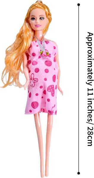 Barbie doll in a pink dress with heart patterns and a measurement label on a white background