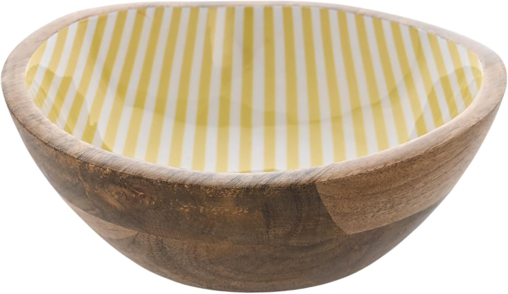 Wooden bowl with a yellow and white striped fabric lining on a white background