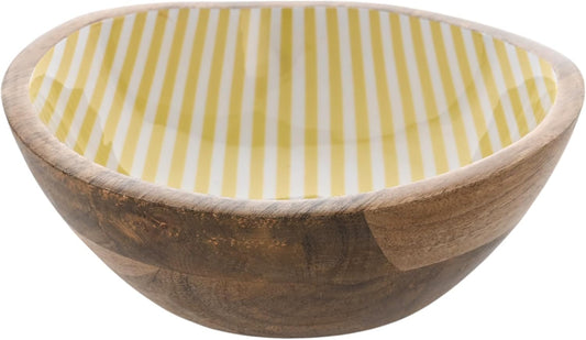 Wooden bowl with a yellow and white striped fabric lining on a white background