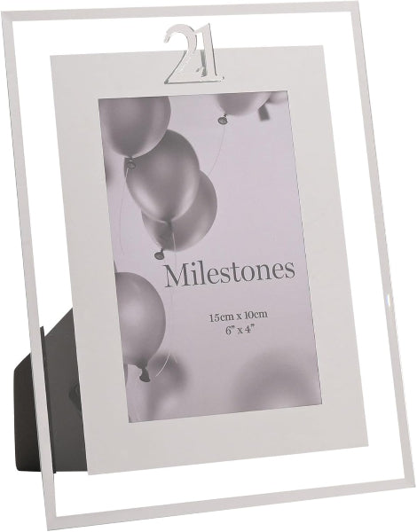 Silver photo frame with 'Milestones' text and balloon design on a white background