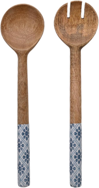 Wooden spoon and fork with decorative blue handles on a white background