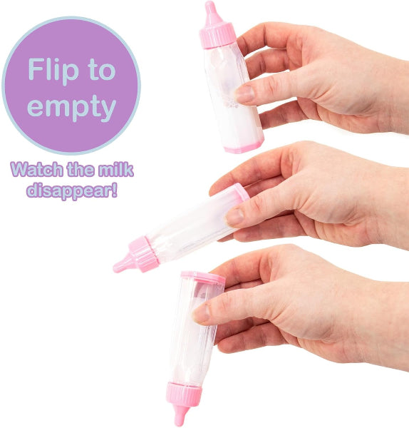 Hands holding a small plastic bottle with a pink cap, showing how to flip it to empty contents.