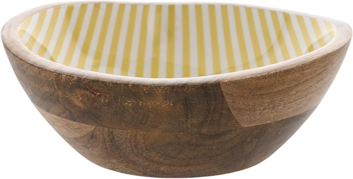 Wooden bowl with a yellow and white striped interior on a white background