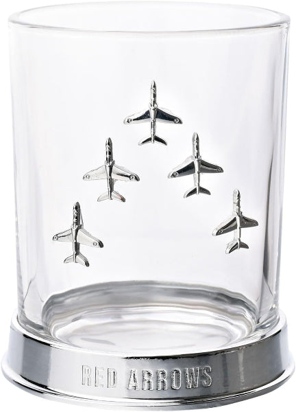 Clear glass tumbler with silver airplane decorations and 'Red Arrows' branding.