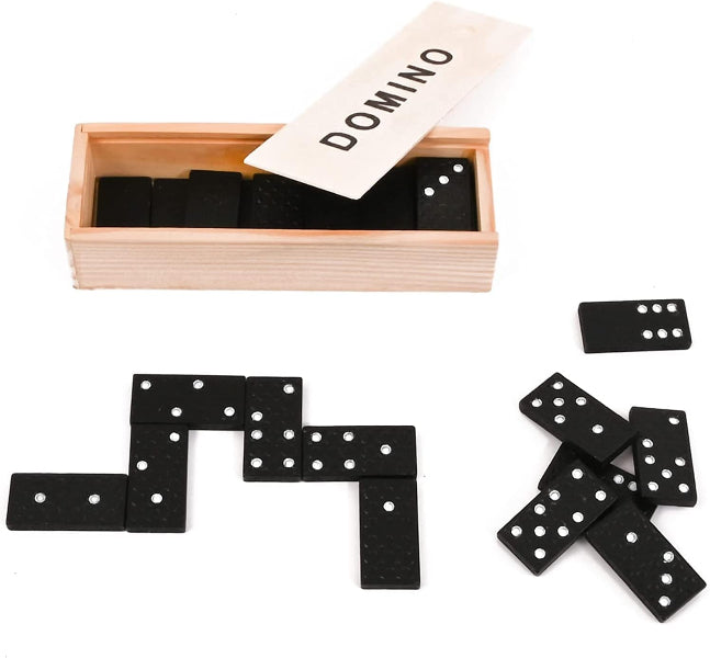 Set of black dominoes with white dots in a wooden box on a white background