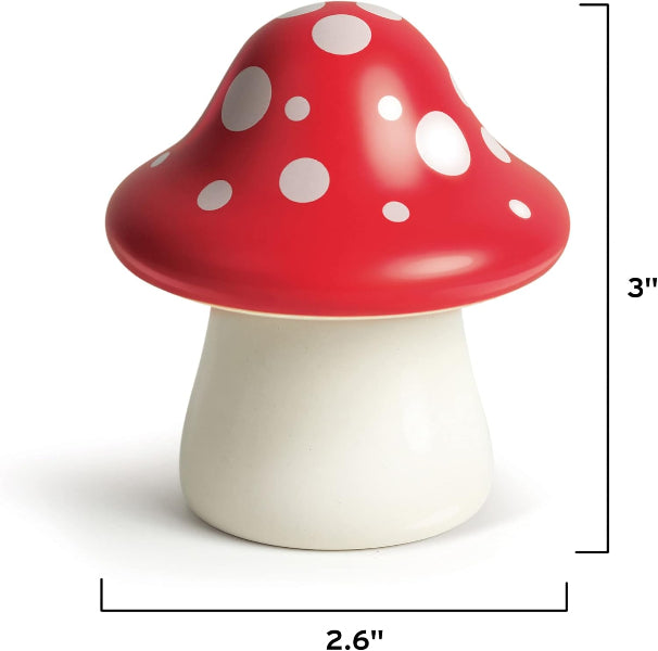 Mushroom-shaped object with red cap and white spots on a white background