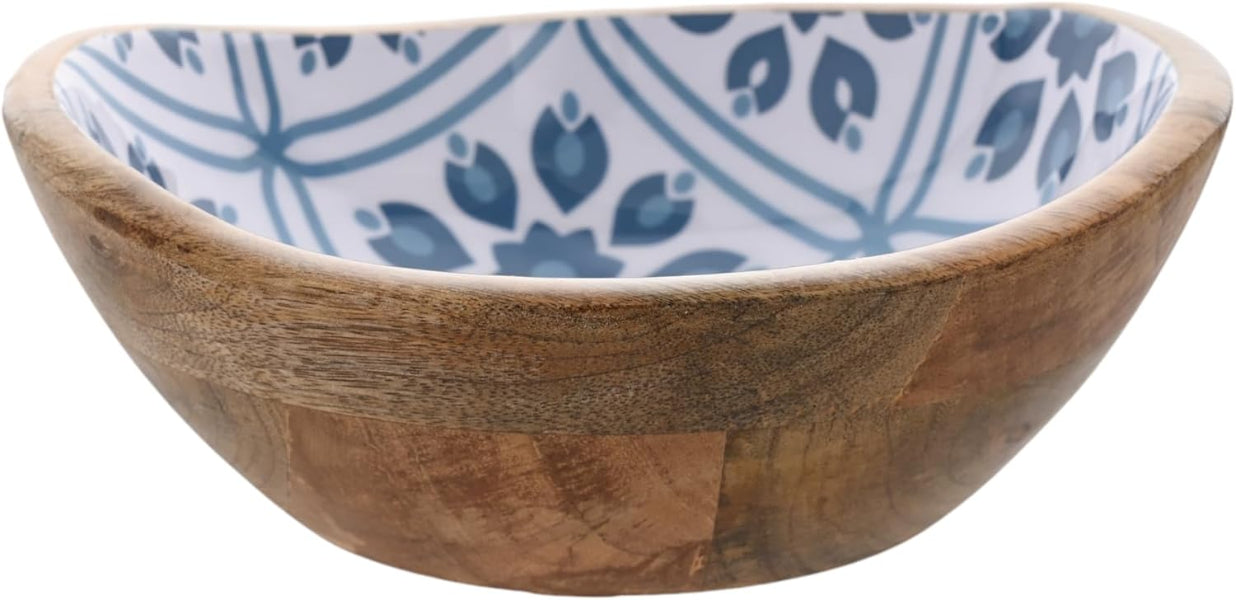 Wooden bowl with a blue and white patterned interior