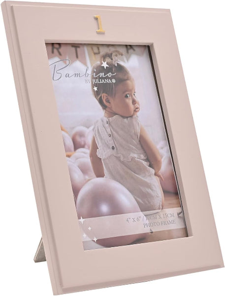 Pink photo frame with a baby picture inside, featuring the brand 'Bambino'.
