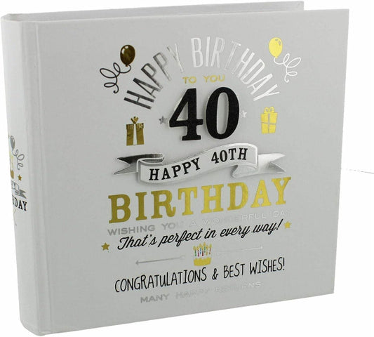 Book with 'Happy 40th Birthday' text on a white background