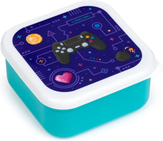 Square container with gaming-themed design on a white background