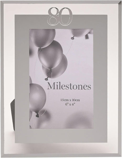 Silver photo frame with '80 Milestones' text and balloon design