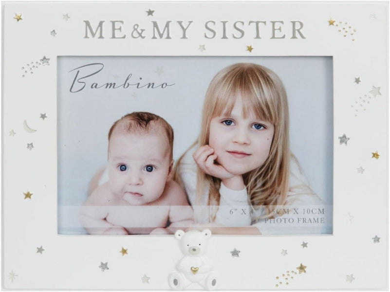 Photo frame with 'Me & My Sister Bambino' text and two children inside.