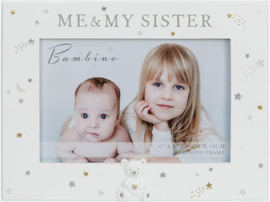 Photo frame with 'Me & My Sister Bambino' text and two children inside.