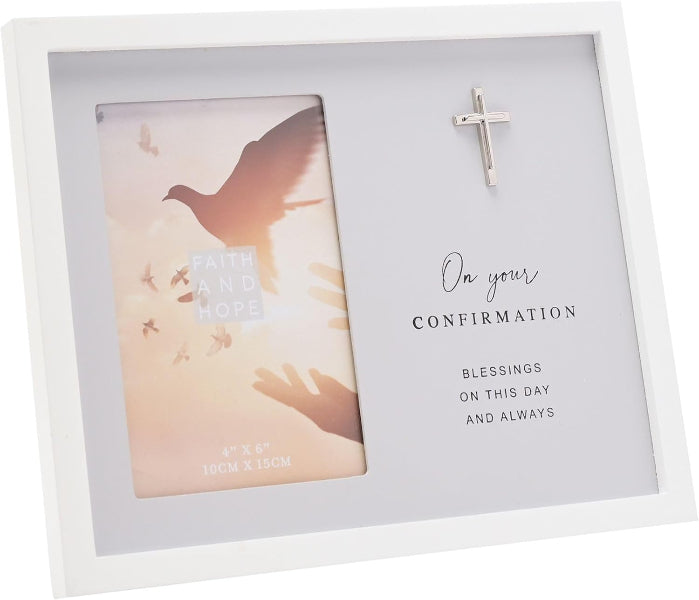 Decorative photo frame with a cross, card, and text on a white background