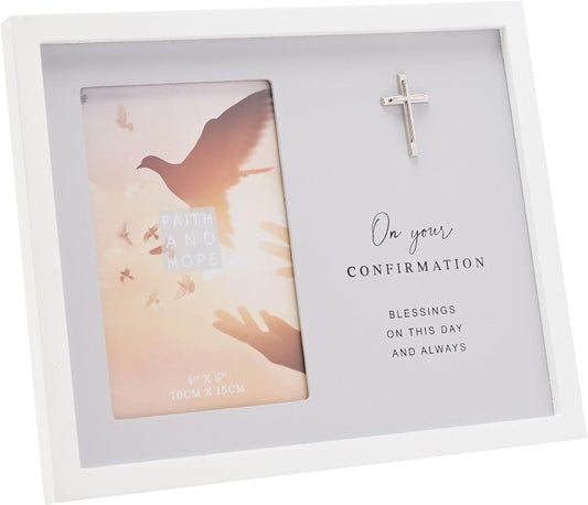 Decorative photo frame with a cross, card, and text on a white background