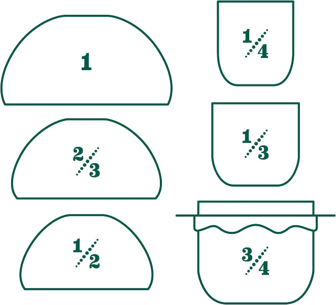 Set of green half-circle templates with fractions printed on them.
