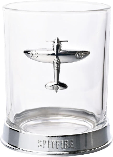 Glass container with a metal airplane model on top, branded 'Spitfire'.