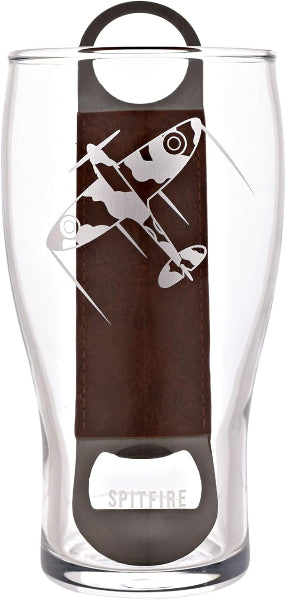 Clear glass tumbler with a brown leather grip featuring an airplane design and 'Spitfire' branding.