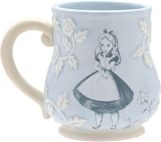 Mug with Alice in Wonderland design featuring a character holding a question mark.