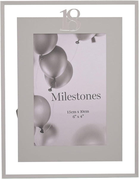Silver photo frame with '18' and balloons design, featuring 'Milestones' text.