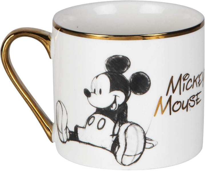 Mug with a black and white illustration of Mickey Mouse and 'Mickey Mouse' text on a white background.