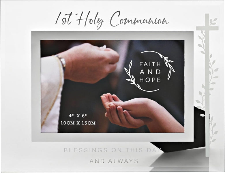 1st Holy Communion photo frame with hands reaching towards each other, text 'Faith and Hope', and dimensions.