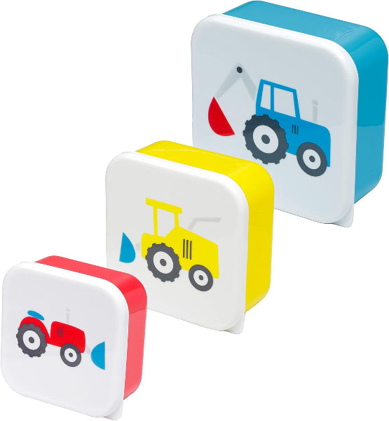 Three colorful rectangular containers with tractor illustrations on a white background