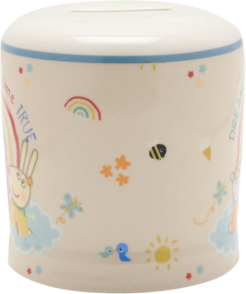 Children's money box with colorful illustrations on a white background