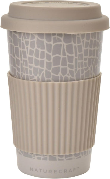 Travel mug with patterned design and beige lid and handle, branded 'Naturecraft'.