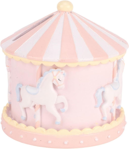 Pink carousel toy with unicorn figures on a white background