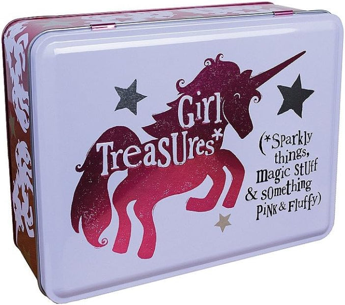 Tin box with a unicorn design and text on a white background