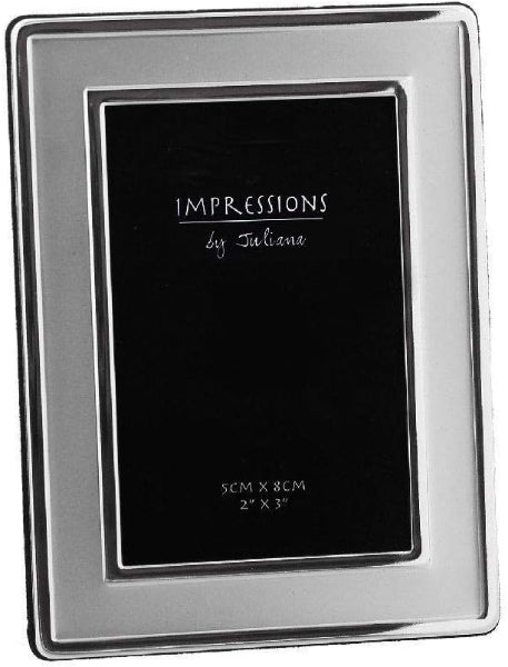 Silver photo frame with 'Impressions by Juliana' branding on a black background