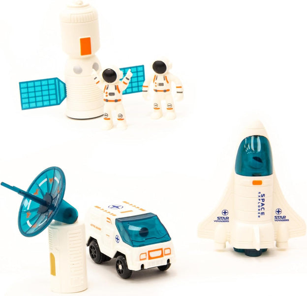 Toy space set with astronauts, rocket, and satellite on a white background